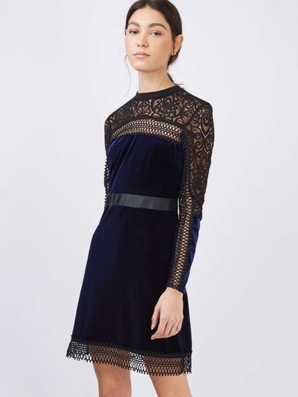 Topshop Navy Velvet & Lace Long-Sleeve Dress